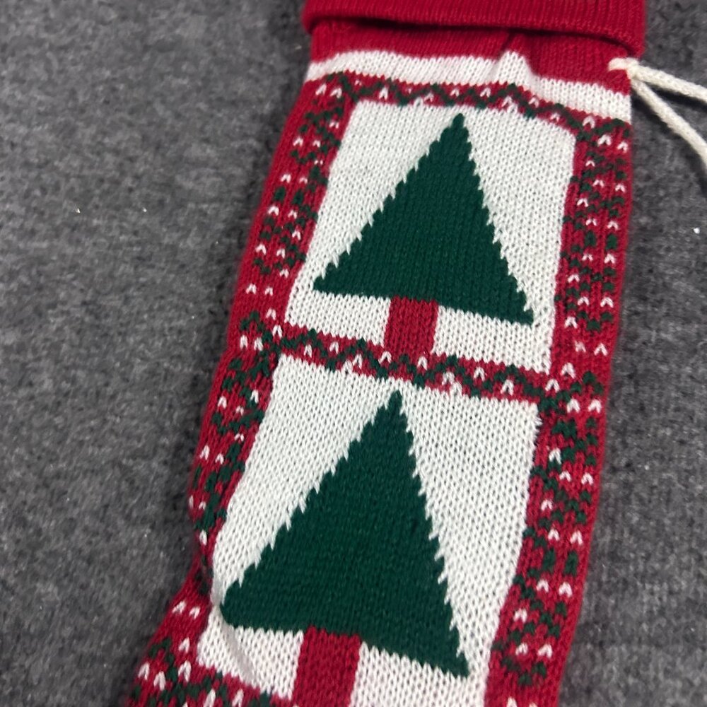 Vintage Knit Christmas Stocking Tree Red Green Yarn Crochet Pom Pom - Picture 5 of 8